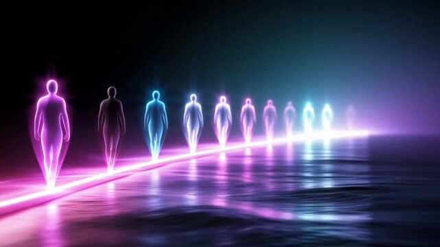 Glowing figures, representing the human spirit, stride forward along a luminous path towards a bright, ethereal light. ..Created with Generative AI, not depicting real subjects.