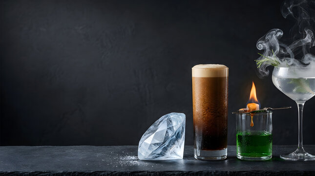 Artisanal Craft Beverage Staging With Clear Ice Diamond Nitro Cold Brew Coffee Flaming Absinthe And Smoked Rosemary Cocktail On Dark Slate