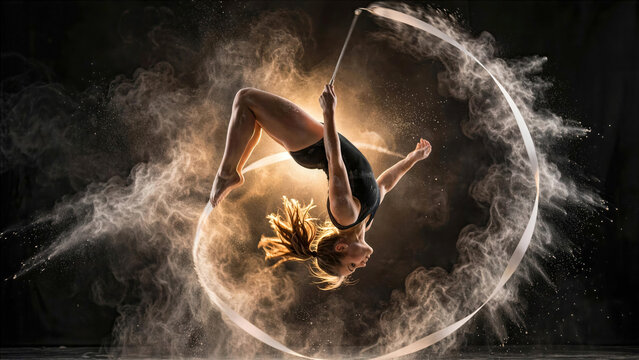 Action photo of female gymnast jumping high with white flour powder trails following movement in studio