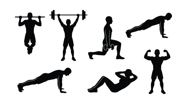 Set of black silhouettes of fitness exercises like pushups, pullups, crunches, lunges, and weightlifting