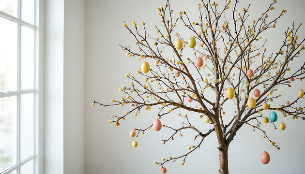 Decorative winter tree with colorful hanging ornaments against bright window background for festive design