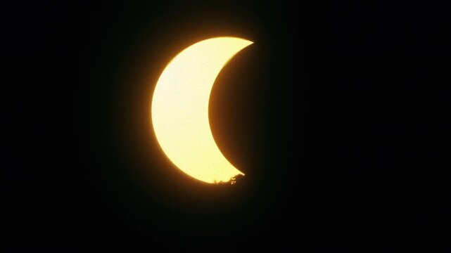 Early phase solar eclipse with a small dark bite taken out of a glowing golden sun above a treeline, seamless loop for astronomy and space backgrounds