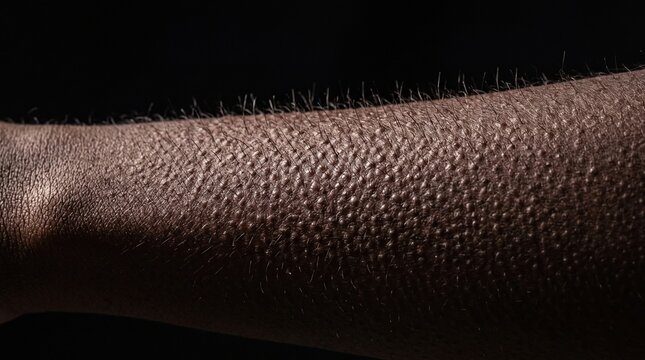Close-up of Goosebumps and Raised Hair Follicles on Dark Skin Forearm
