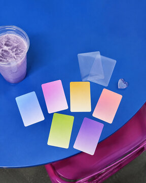 Colorful blank photocard trading table for K pop fan meetup