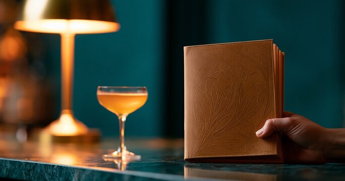 Hand holding embossed leather book near cocktail