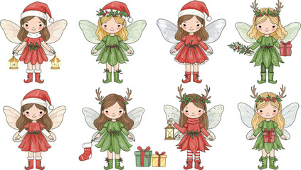 Fototapeta premium A collection of cute watercolor christmas fairies wearing festive outfits and holiday accessories isolated on a white background for seasonal greeting card design