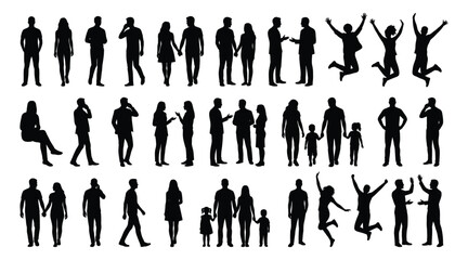 A set of human silhouettes in various poses including standing, walking, sitting, talking, and jumping
