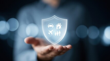 Obraz premium Protecting assets and family with comprehensive insurance coverage symbolized by a glowing shield