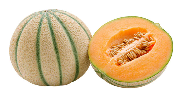 Whole cantaloupe melon and half cantaloupe melon with seeds, isolated on transparent background