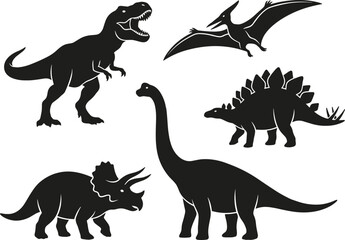Set of black dinosaur silhouettes including t-rex, pterodactyl, and stegosaurus, isolated on a white background, prehistoric animals © Fazle