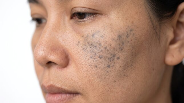 Close up of Asian woman cheek showing dark grey melasma pigmentation and Nevus of Ota