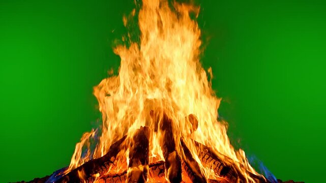 Realistic bonfire burning wooden logs, fiery flames heat isolated on green screen background. Chroma key video editing compositing special visual effects overlay cinematic campfire embers motion graph