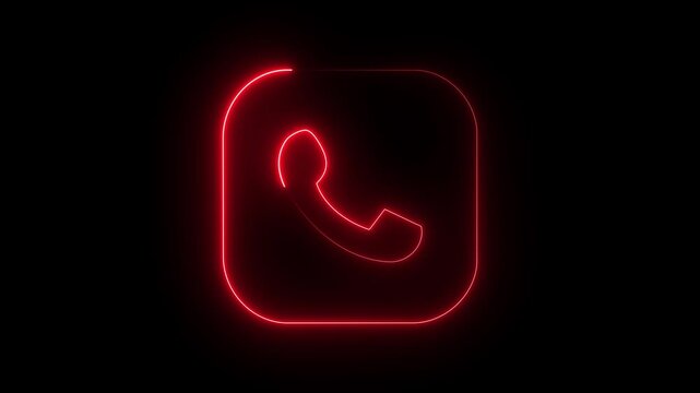 Glowing red neon phone call handset icon square contact button symbol dark background.