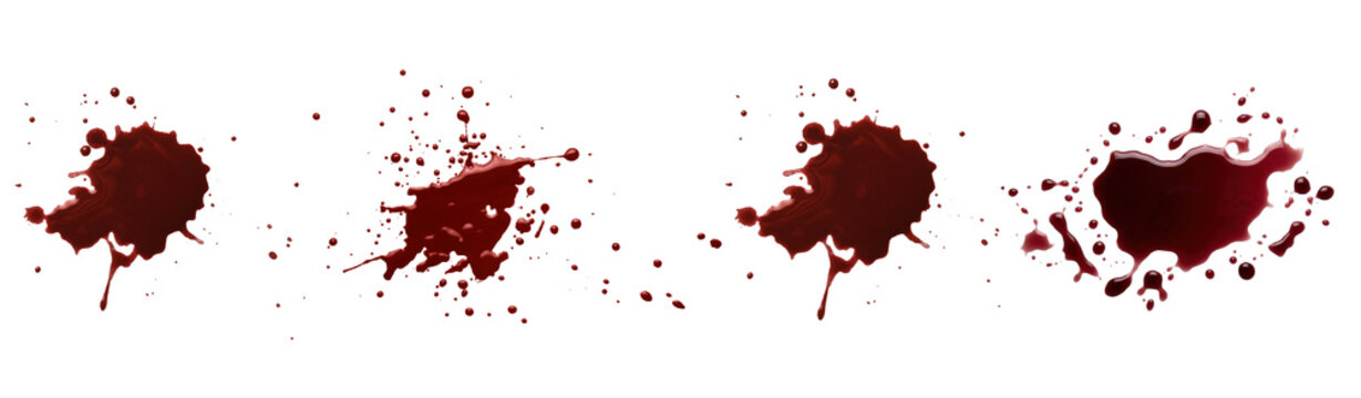Various realistic dark red blood splatters and drips, isolated on a transparent background.