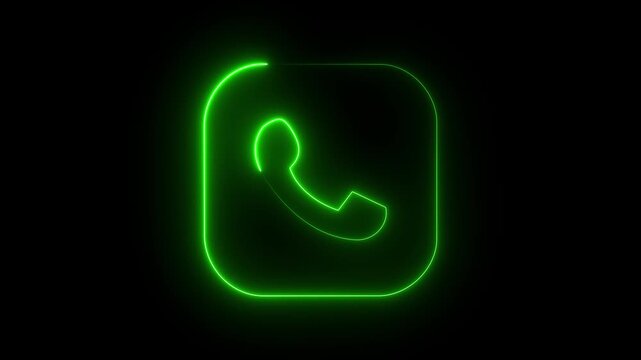Glowing green neon phone handset icon square contact button symbol dark.