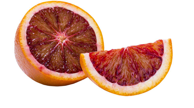 Vibrant blood orange half and slice showcasing deep red pulp, isolated on transparent background