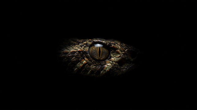 Close up of a mysterious reptile eye with scales glowing in the dark background.