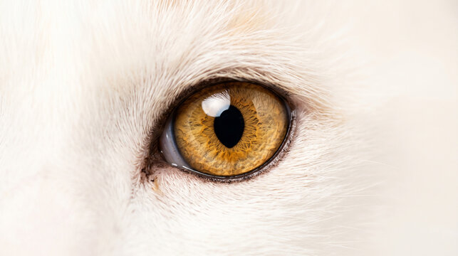 Close up of a white wolf or dog eye with golden amber iris.