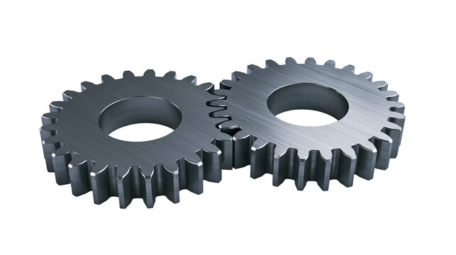 Two metallic gears meshing together, isolated on transparent background