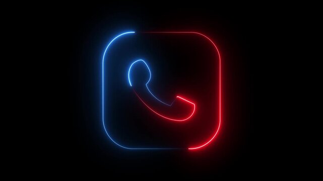 Glowing red and blue neon phone call handset icon square app button symbol isolated on dark background.
