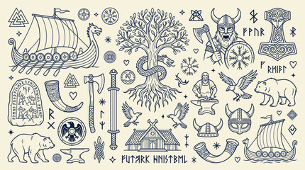 Naklejka premium Viking Age Mythology and Norse Culture Doodle Collection with Longships, Warriors, Runes, and Ancient Symbols
