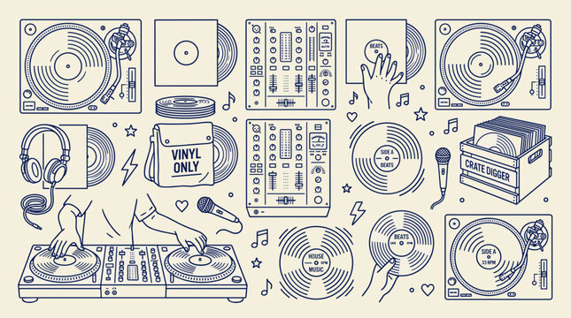 Vinyl DJing and Record Music Culture Doodle Set featuring Turntables, Mixers, Headphones, and Analog Equipment
