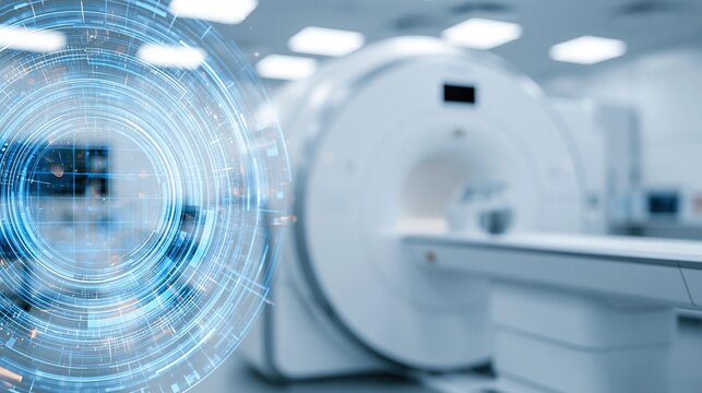 futuristic blue holographic interface overlaying a medical mri machine in a modern clinical room
