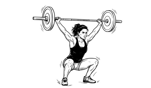 Athletic Woman Performing Barbell Snatch &ndash; Black and White Vector Sketch