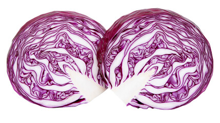 Fototapeta premium Two halves of a vibrant red cabbage showing intricate layers, isolated on transparent background