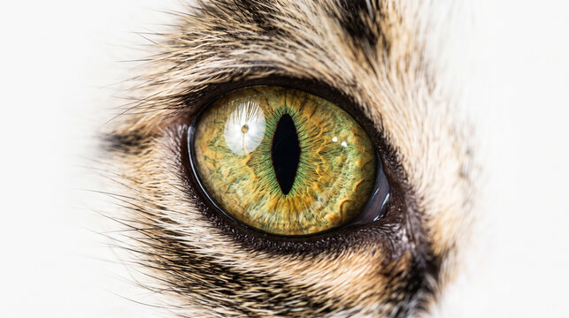 Extreme close up of a domestic cat eye with green iris and vertical slit pupil.