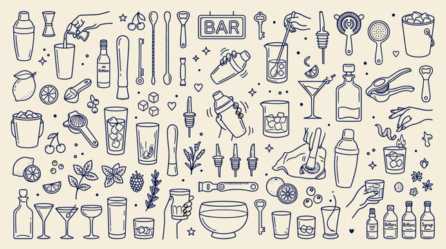 Mixology and Barware Doodle Set with Cocktail Shaker and Bartender Tools