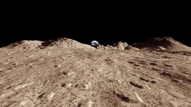 Moon landscape terrain animated backdrop with Earth on the horizon stock footage
