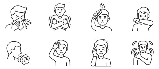 Obraz premium set of male line icons with cold and flu symptoms including sneezing coughing fever headache chills and pain on transparent background