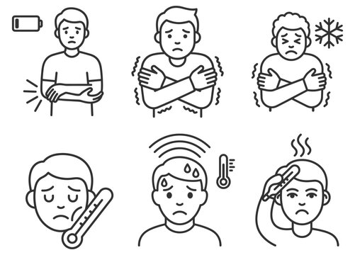 line art icons of man with cold and fever symptoms including shiver, fever, fatigue, and sweating on transparent background