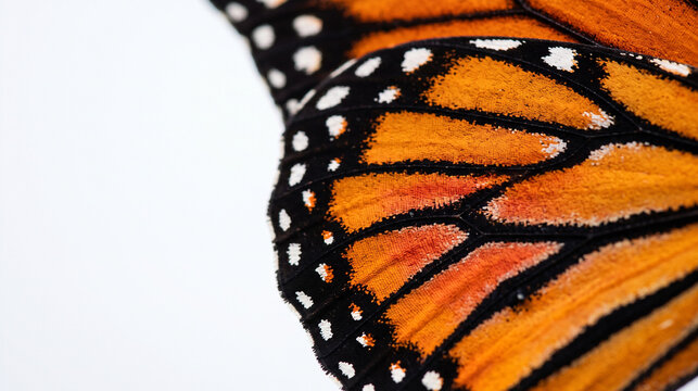 Extreme close up of a monarch butterfly wing with orange and black patterns on white background.