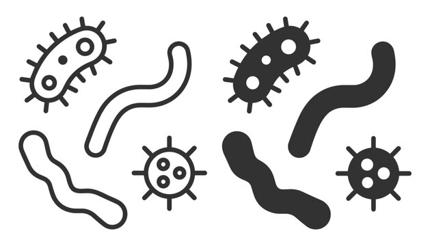 bacteria icons vector set in line and solid style microbial shapes on transparent background
