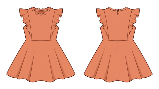 Kids Terracotta Ruffle Shoulder Dress Technical Fashion Sketch Front and Back View for Girls Apparel Design Children Flat Drawing Summer Garment