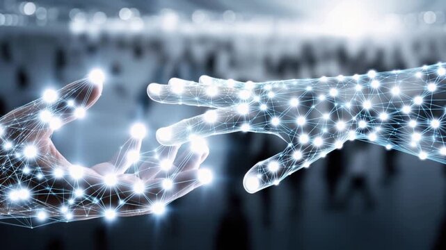 A human hand reaches out to connect with a digital, glowing, geometric network hand. ..Created with Generative AI, not depicting real subjects.