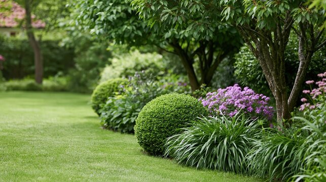 Lush manicured garden with vibrant green lawn, neatly trimmed bushes, and blooming purple flowers on a sunny day