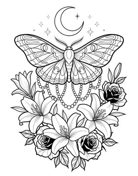 Moth with Crescent Moon Lilies Roses Pearls and Stars Coloring Page