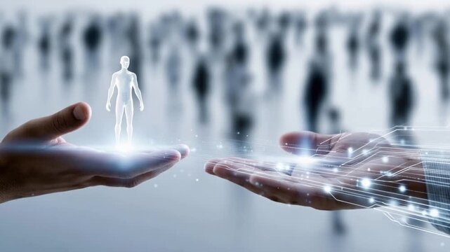 A digital visualization of human connection and technological advancement, with two hands reaching towards each other. ..Created with Generative AI, not depicting real subjects.