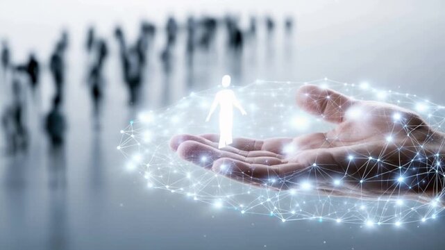 A glowing human silhouette rests on a person's open palm, surrounded by a network of futuristic lights and connections. ..Created with Generative AI, not depicting real subjects.