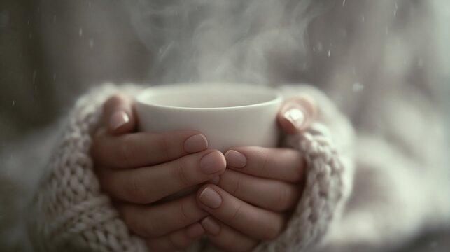 Close up of hands in cozy sweater holding a steaming hot cup of coffee on a cold winter day