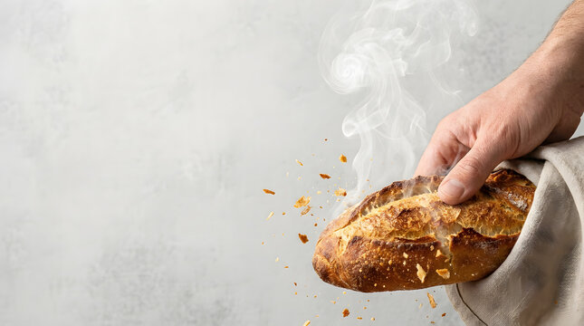 Hand Breaking Freshly Baked Steaming Crusty French Baguette Loaf With Flying Crumbs