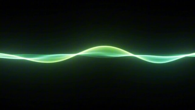 Glowing green energy pulse travels horizontally through dark space creating dynamic light waves in this smooth motion video animation clip