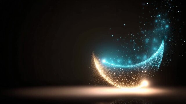 Abstract glowing crescent moon formed from swirling particles of golden and cyan light against a dark, atmospheric background. ..Created with Generative AI, not depicting real subjects.