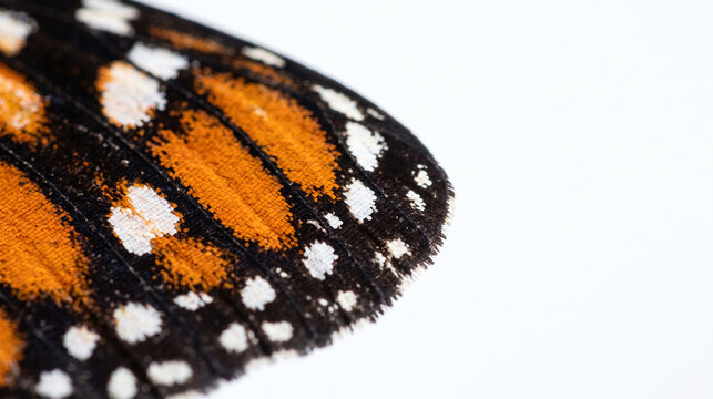 Macro shot of a monarch butterfly wing with orange and black patterns on a white background.