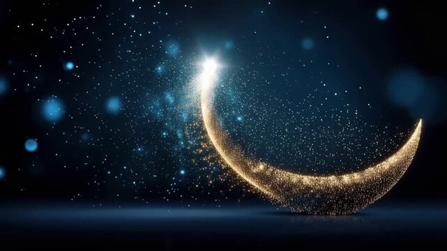 A glowing crescent moon sparkles with golden stardust against a deep blue, star-filled night sky, evoking a sense of magic and wonder. ..Created with Generative AI, not depicting real subjects.