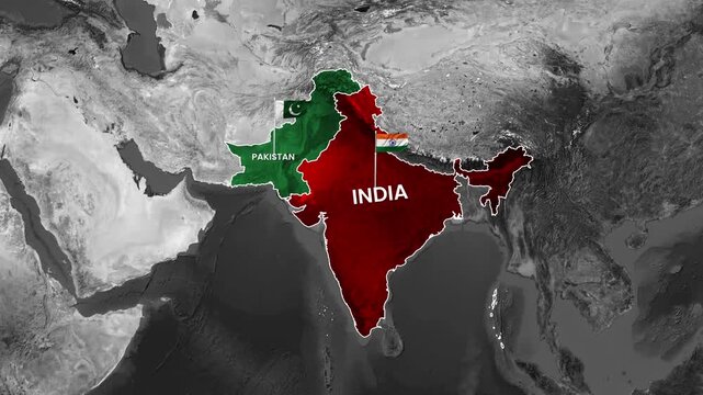 India and Pakistan map animation with waving national country flags