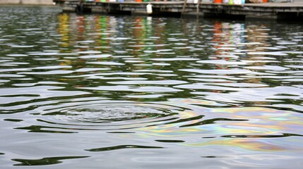 Naklejka premium Ripples on Water Surface with Colorful Reflections of a Dock, Reflecting Environmental Impact